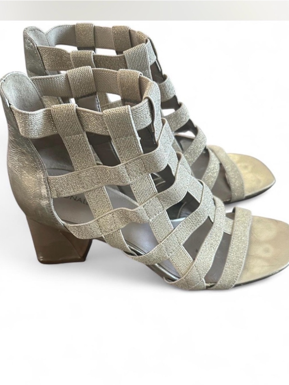 Donald J. Pliner Metallic Taupe Woven Cage Block Heel Sandals